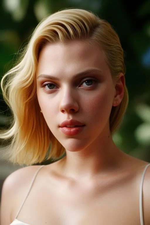 A realistic AI-generated image of a young blonde woman with short hair and fair skin in a natural outdoor setting created using Stable Diffusion.
