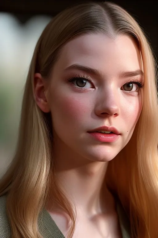 A close-up AI generated image using stable diffusion of a blonde woman with a gentle expression, showcasing her fair skin, light makeup, and soft lighting.