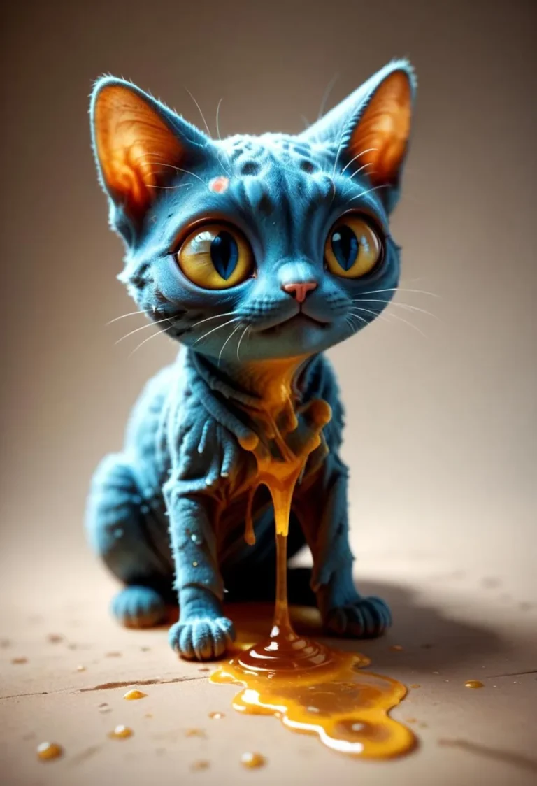 A cute blue cat with large yellow eyes dripping honey from its mouth, created using Stable Diffusion.
