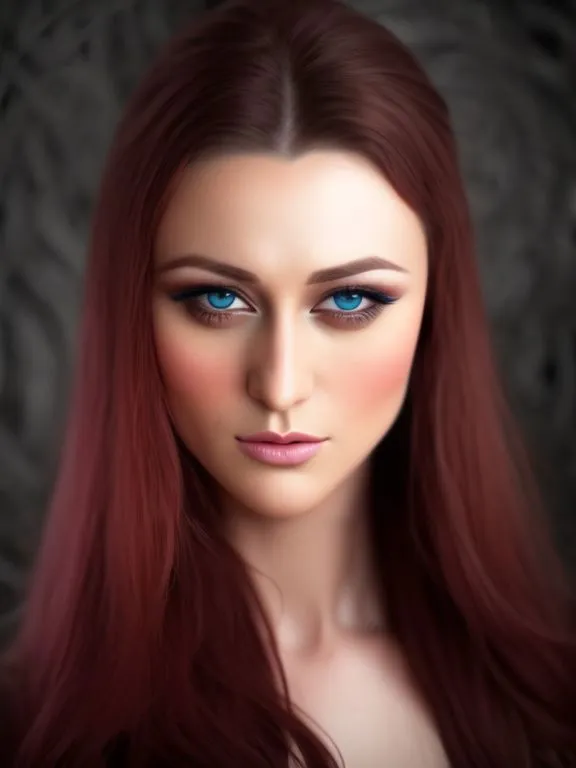 A stunning AI-generated portrait of a young woman with vibrant blue eyes and long, straight, auburn hair, using Stable Diffusion.