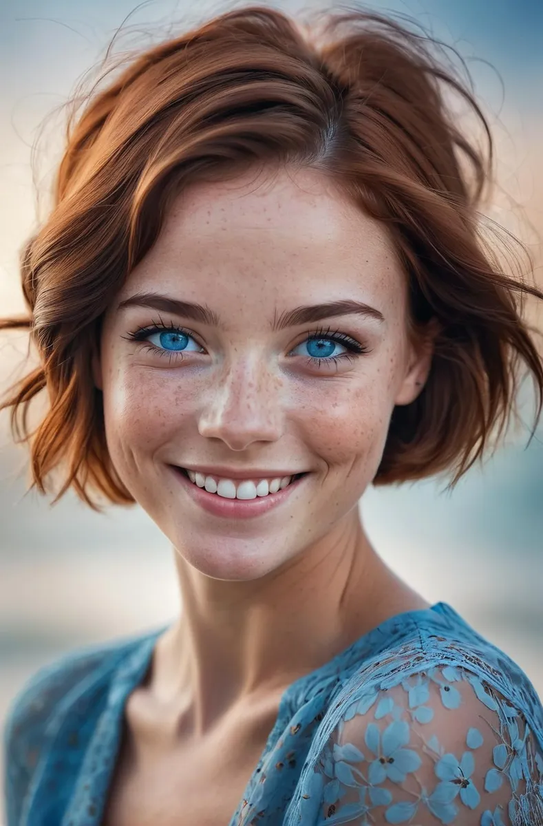 A detailed and vibrant portrait of a woman with striking blue eyes who is smiling warmly, captured using Stable Diffusion AI technology.