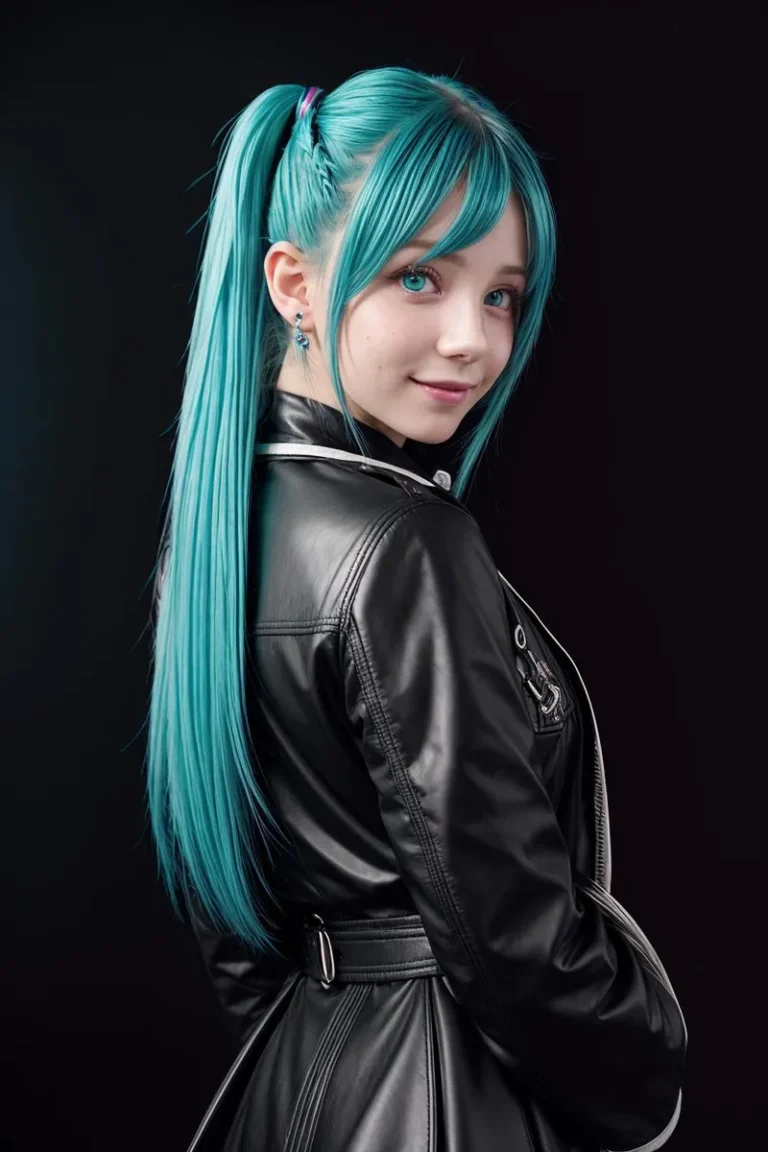 A stunning image of an AI generated girl with vibrant teal blue hair styled in a ponytail, wearing a sleek black leather jacket, created using Stable Diffusion.