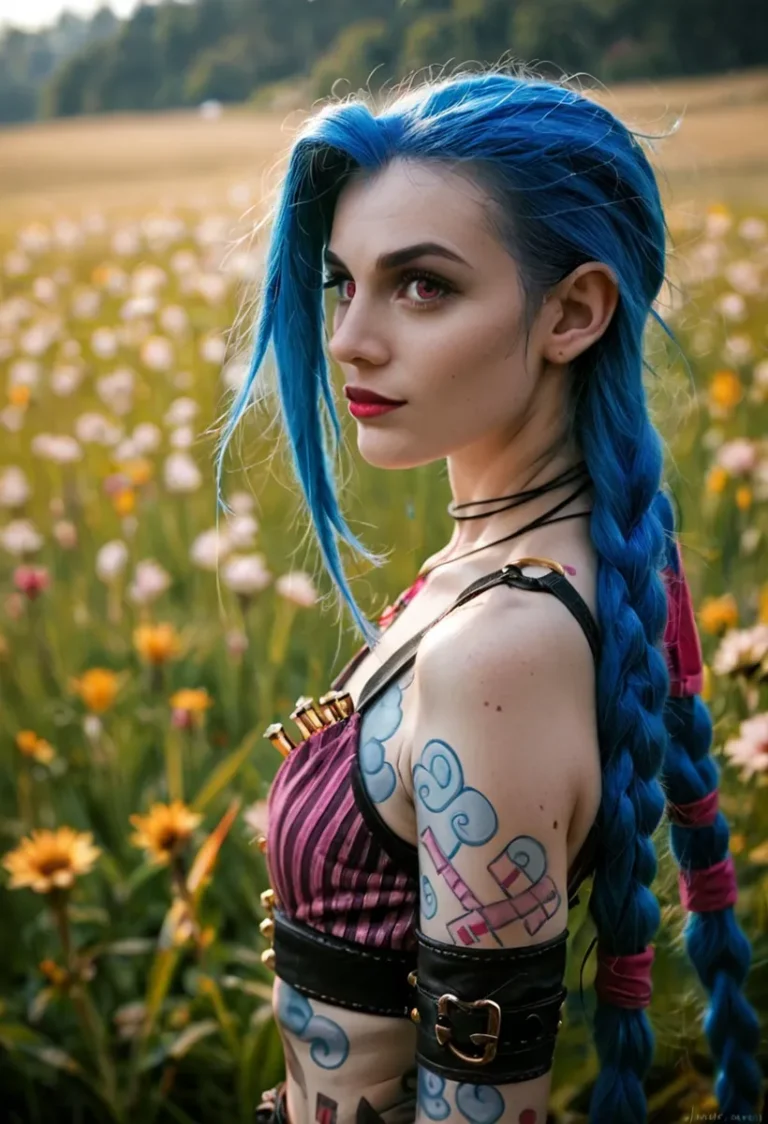 An AI-generated image of a woman with long blue hair wearing a costume, adorned with tattoos, standing in a field of flowers.