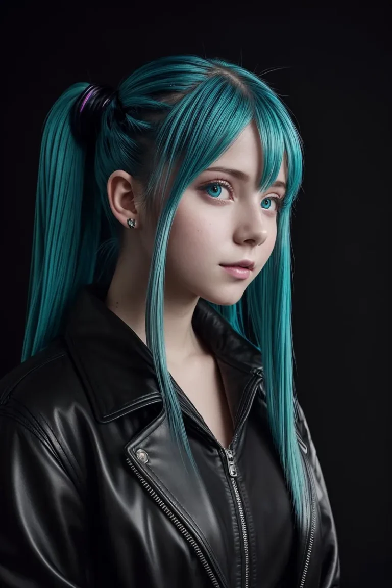 A woman with long blue hair styled in pigtails, wearing a black leather jacket. AI generated image using Stable Diffusion.