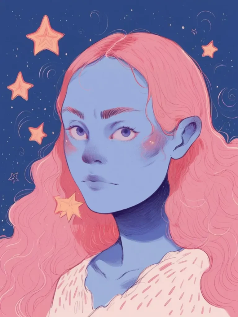 A sketch of a blue-skinned girl with pink hair, floating stars in the background. This is an AI generated image using Stable Diffusion.