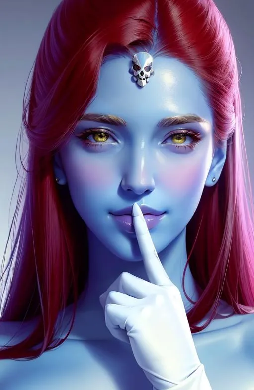 A blue-skinned woman with red hair, golden eyes, and a skull accessory on her forehead, generated using Stable Diffusion.