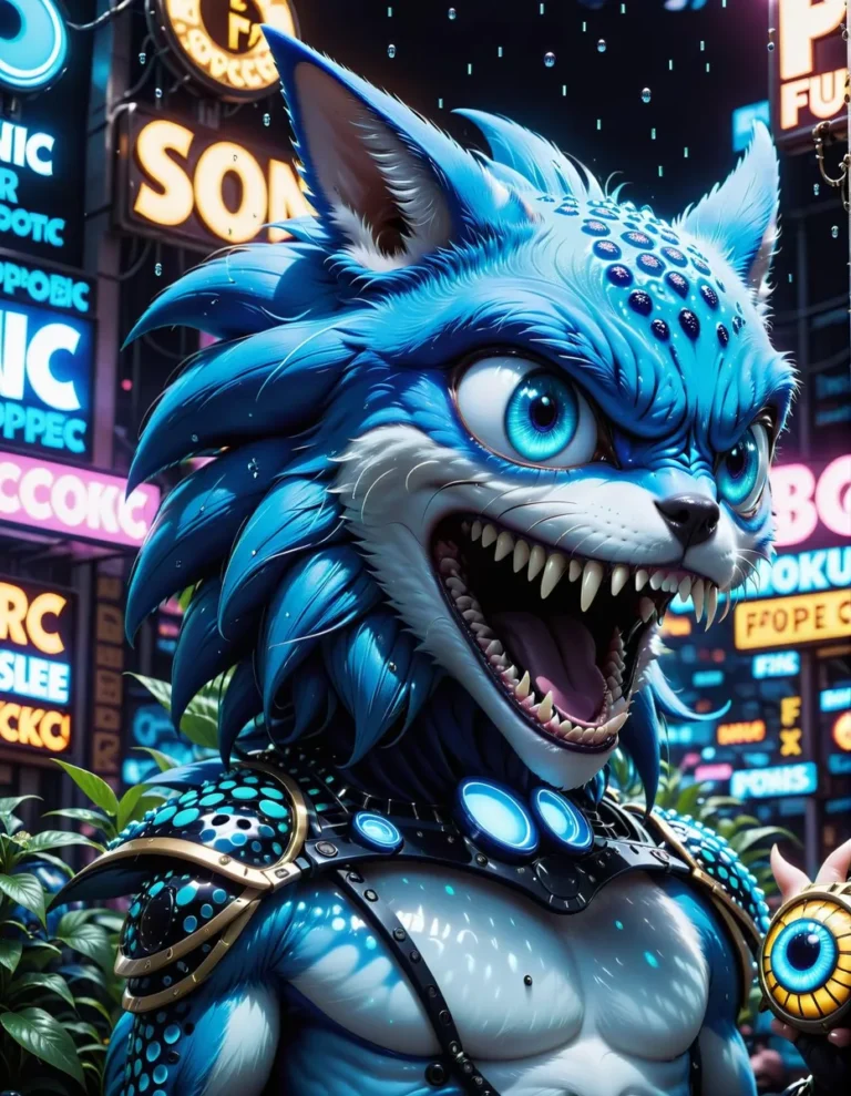 Blue fantasy creature with sharp teeth and cyberpunk elements, AI generated image using Stable Diffusion.
