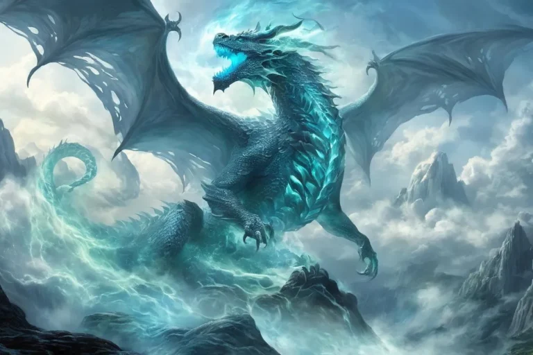 Majestic blue dragon with glowing scales and wings perched in rocky mountainous terrain. AI generated image using stable diffusion.