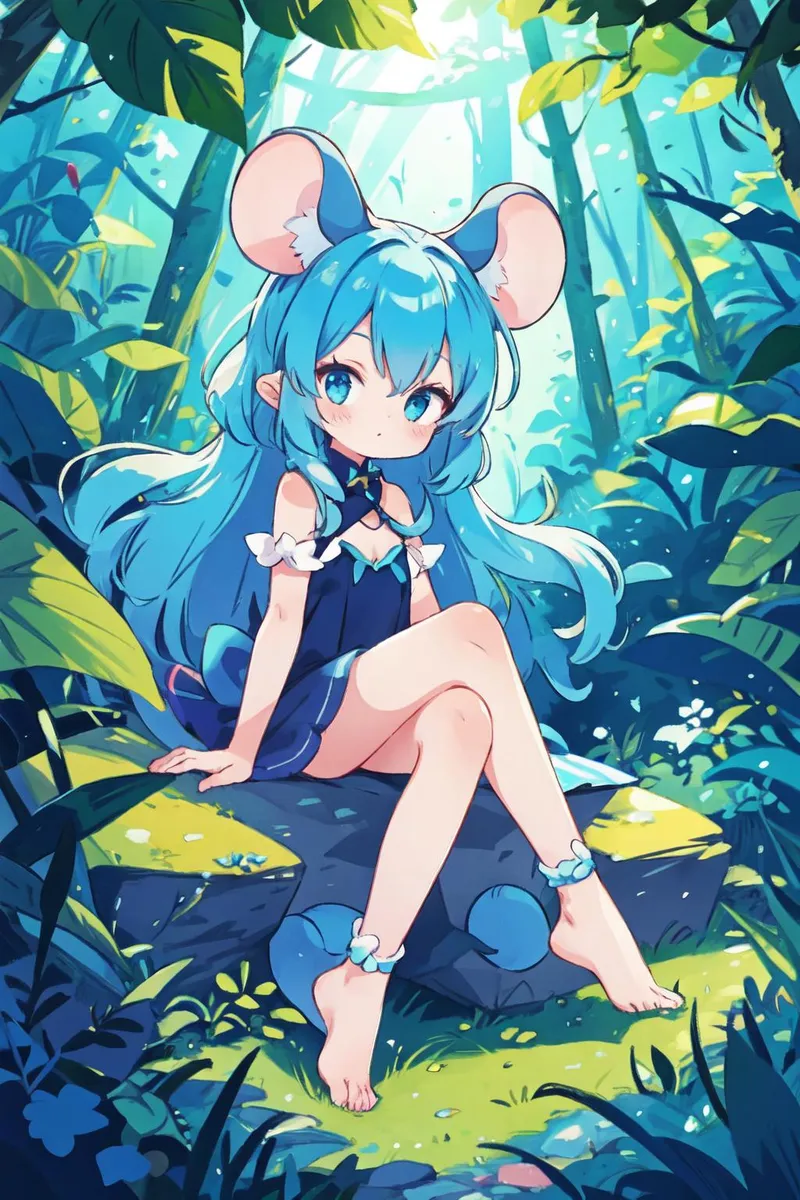 An AI generated image using Stable Diffusion of a blue-haired anime girl with mouse-like ears sitting on a rock in a vibrant forest surrounded by greenery.