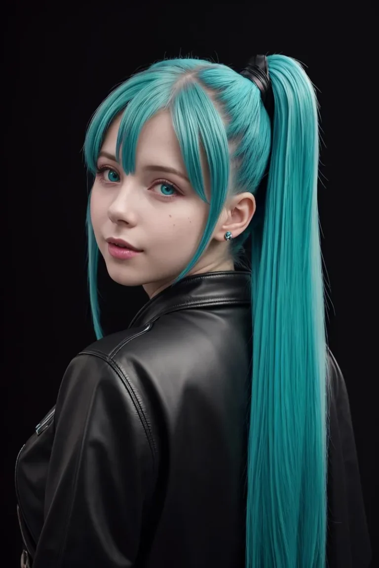 A young woman with long blue hair styled in twin-tails, wearing a black leather jacket, shown on a black background. This is an AI generated image using stable diffusion.