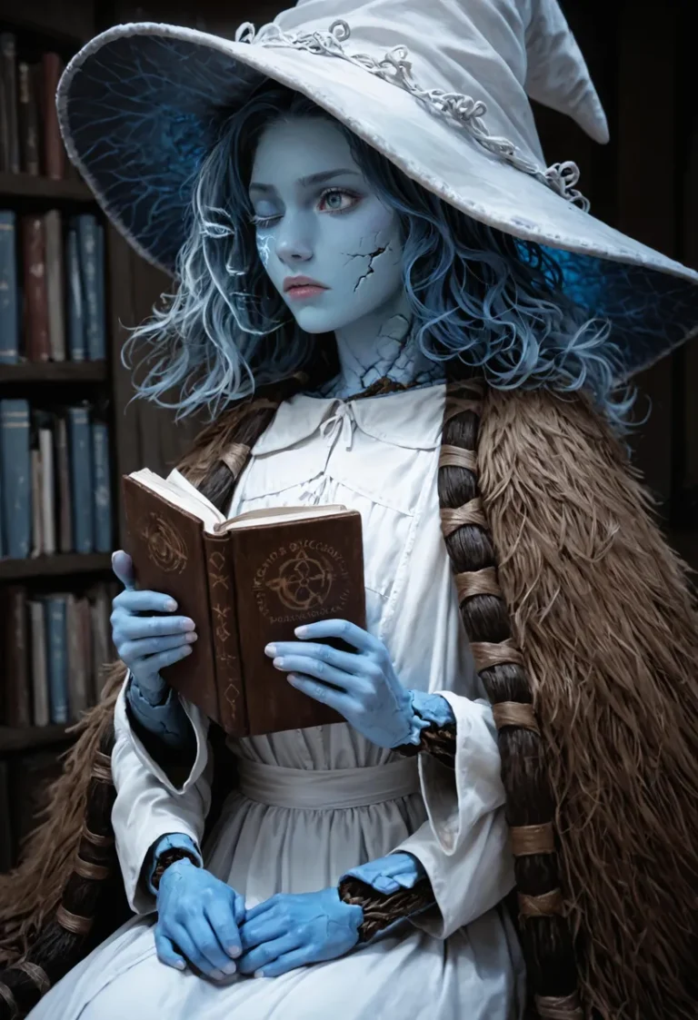 AI generated image of a blue-skinned witch with cracked markings, wearing a large hat and robe, reading a magical book, created using Stable Diffusion.