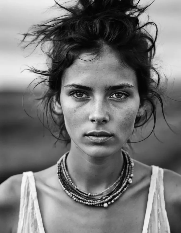 Black and white portrait of a woman with a messy hairstyle, wearing a multi-layered bead necklace, generated by AI using Stable Diffusion.