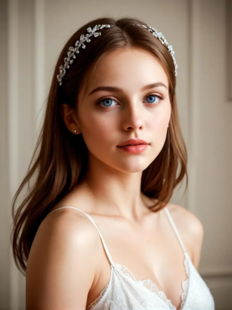 A realistic AI-generated image of a beautiful woman with delicate features, wearing a crystal-adorned headband and a white lace dress, created using Stable Diffusion.
