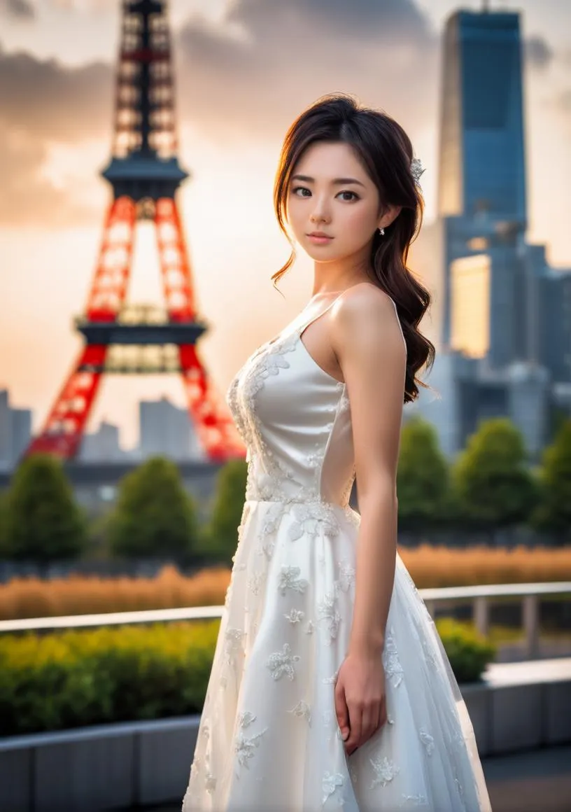 An AI generated image using stable diffusion showing an elegant bride in a white dress, standing in front of a cityscape with a tower resembling the Eiffel Tower.