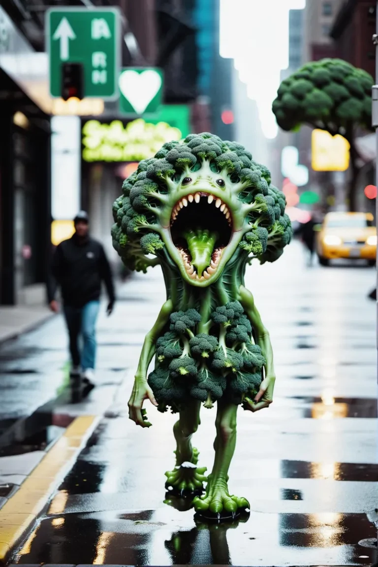 A walking broccoli monster with a mouth wide open in an urban setting, created using Stable Diffusion.
