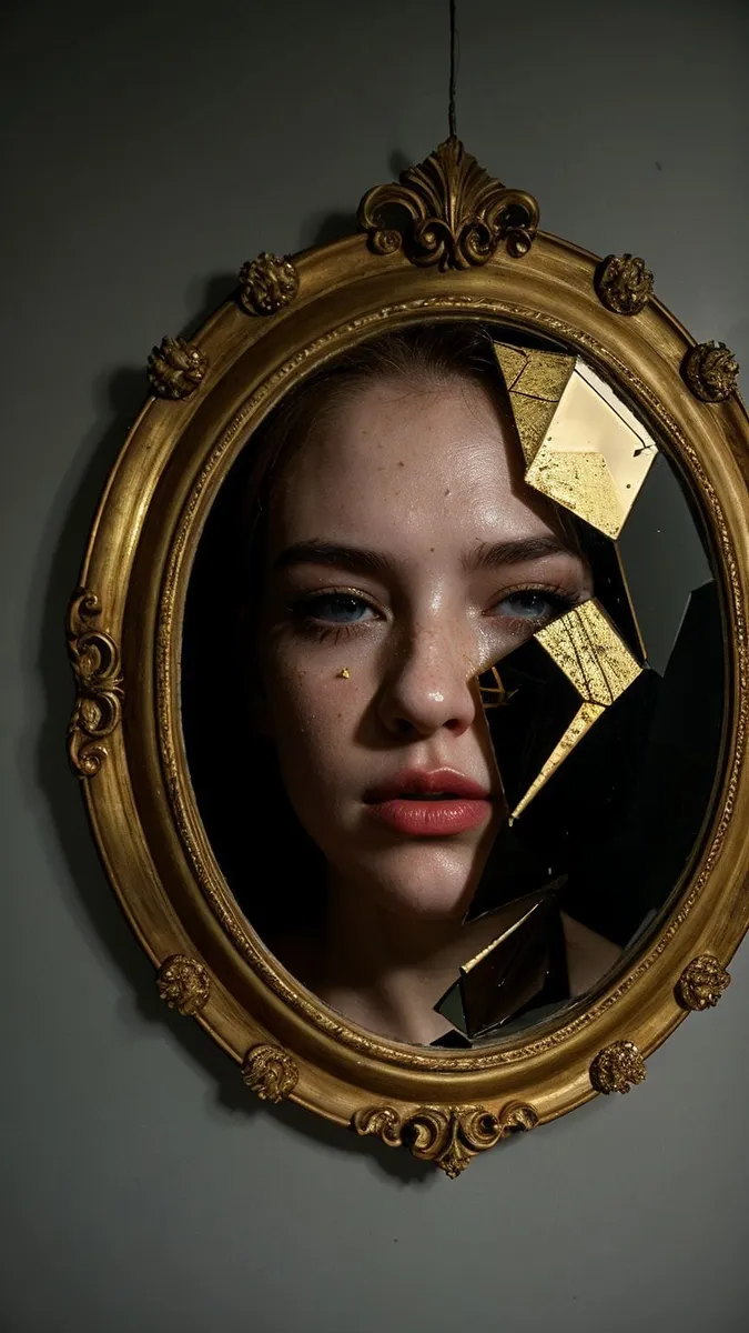 Close-up of a woman's face reflected in a broken antique gold mirror, AI generated image using Stable Diffusion.