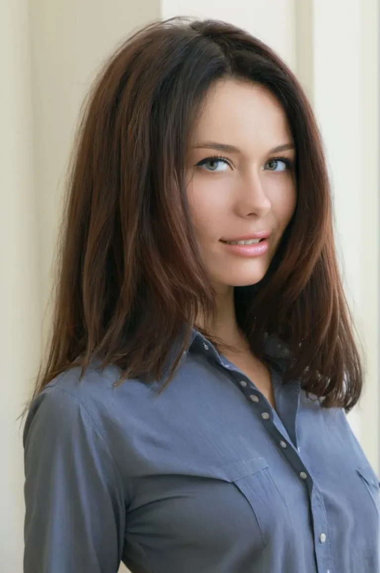 A close-up portrait of a brunette woman with straight shoulder-length hair, wearing a light blue button-up shirt. AI-generated image using Stable Diffusion.