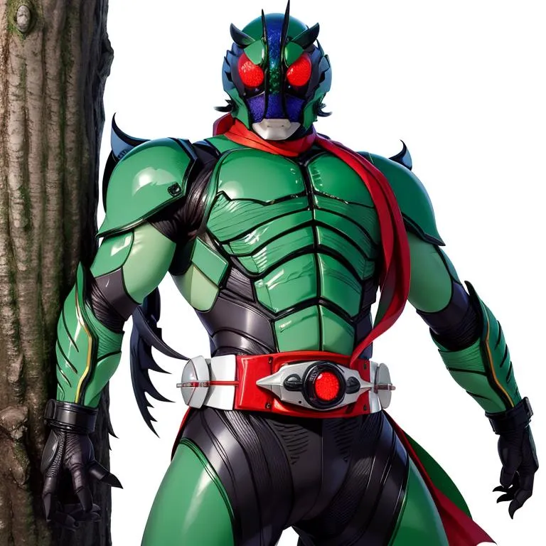 A detailed AI generated image using stable diffusion of a bug superhero in a green and black robot costume with red accents standing next to a tree.