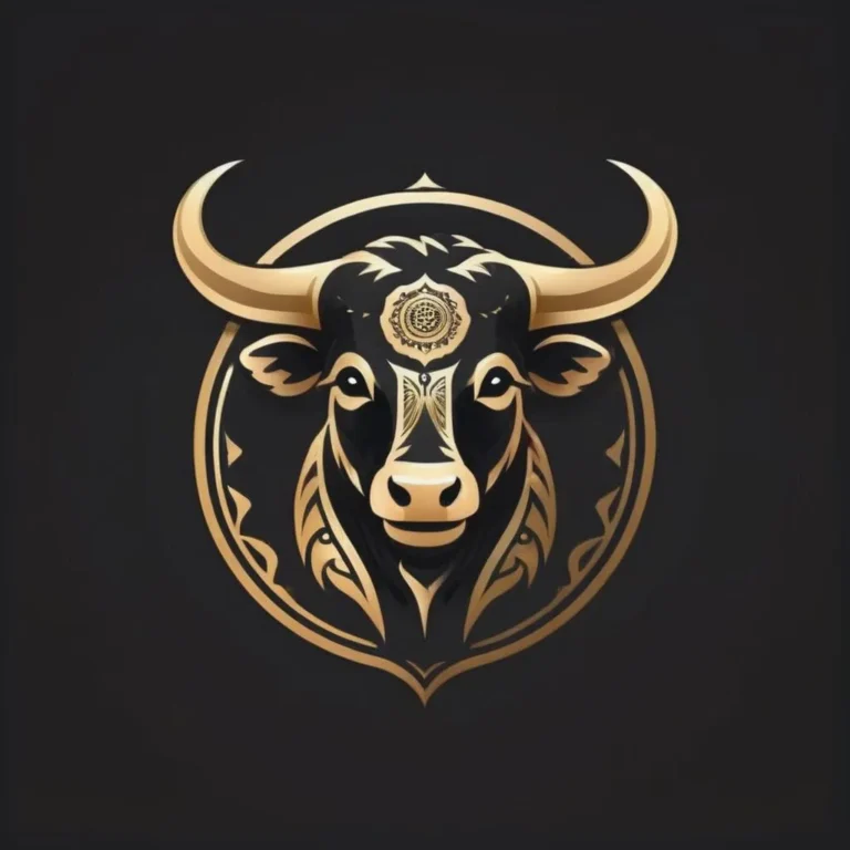 Geometric illustration of a bull's head in gold and black, created using AI and stable diffusion.
