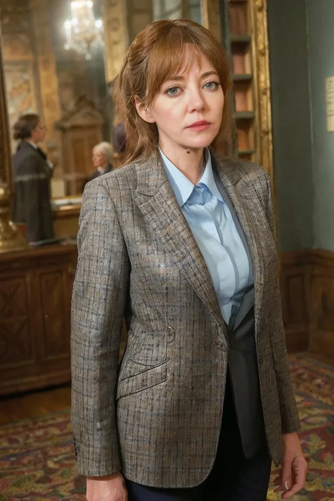 An AI generated image using stable diffusion of a business woman in a vintage setting. She wears a grey plaid blazer and light blue blouse, standing in an ornately decorated room with wooden furniture and chandeliers.