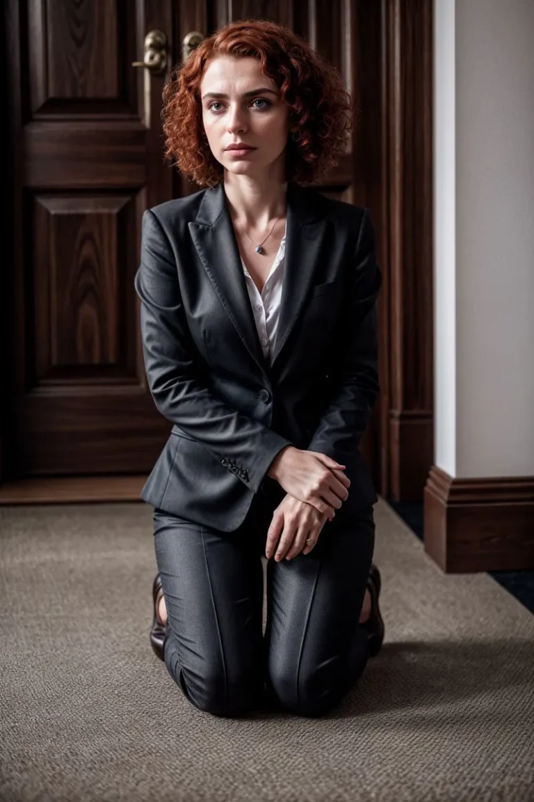 A professional woman with curly red hair, dressed in a dark gray business suit, kneeling with a serious expression in front of a wooden door. AI generated image using Stable Diffusion.
