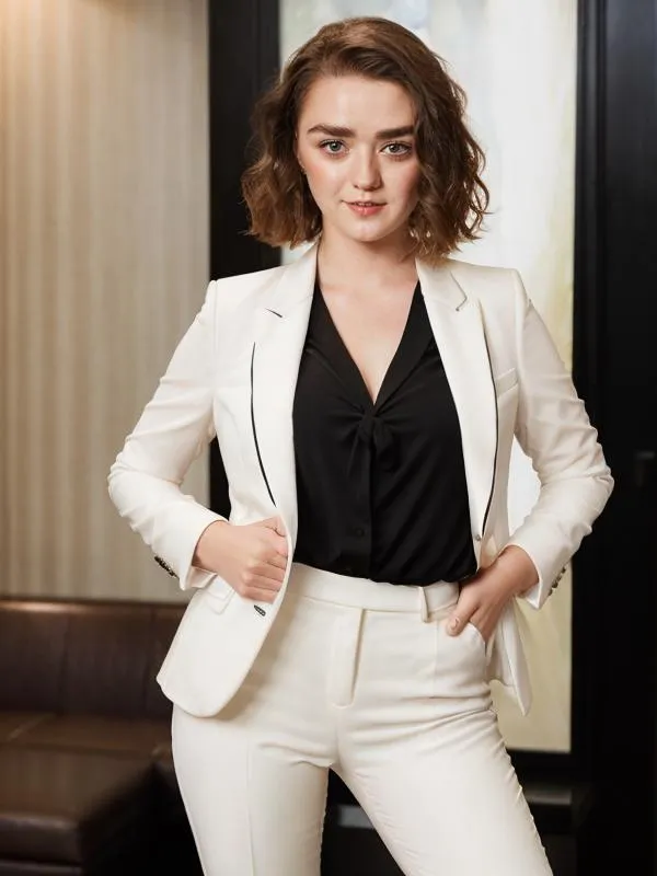 Businesswoman portrait in elegant white suit with black shirt, confident pose, hands in pockets. AI generated image using Stable Diffusion.