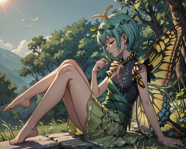 Butterfly girl in anime style with green hair, sitting in a lush forest. AI generated image using stable diffusion.