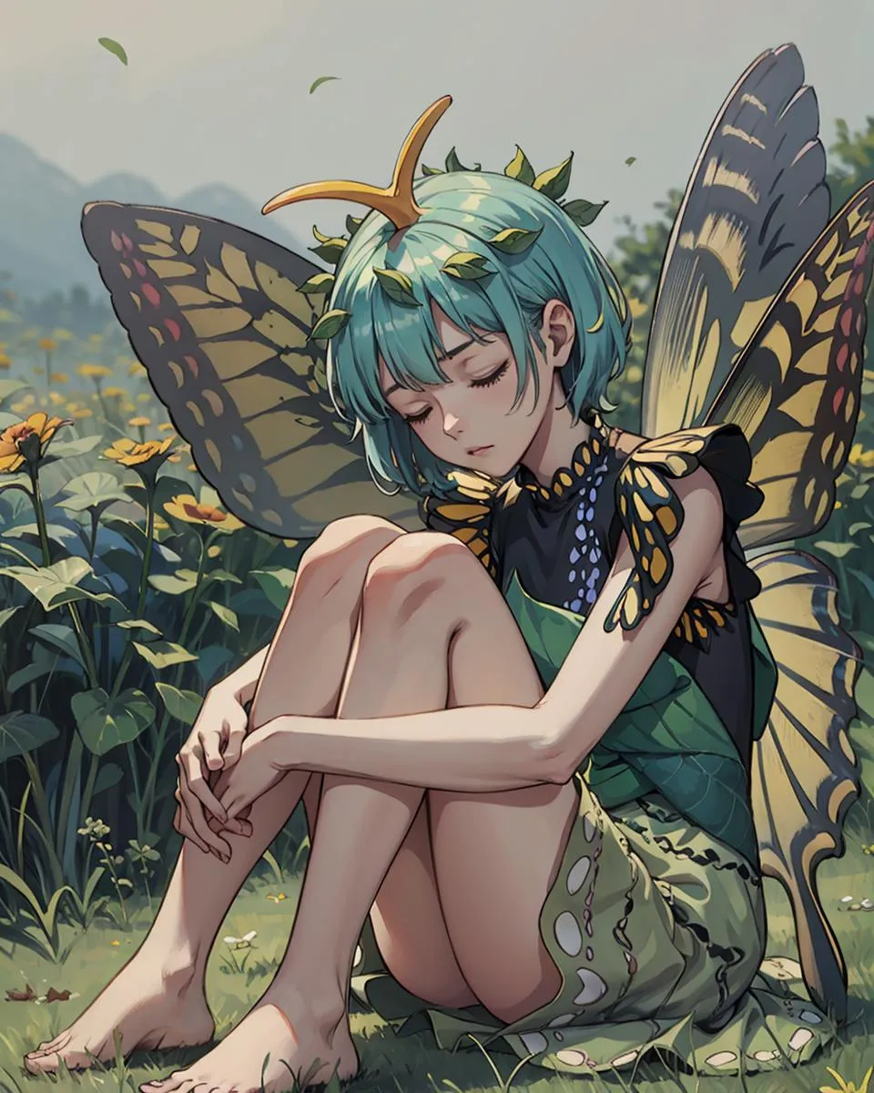 Anime style image of a fairy with butterfly wings and green hair, sitting peacefully in a meadow with mountains in the background. Generated with Stable Diffusion AI.