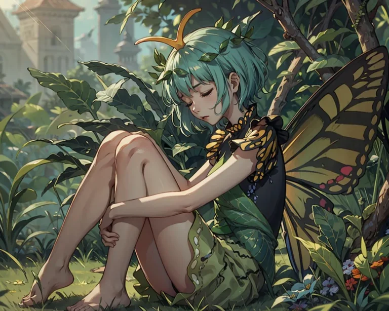 A whimsical AI-generated image using Stable Diffusion, depicting a butterfly fairy with green hair and delicate wings. The fairy is resting in a vibrant, lush garden filled with greenery and flowers.