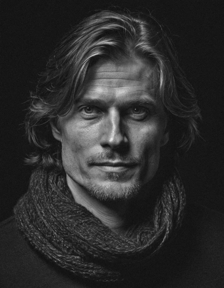 Black and white portrait of a man with medium-length hair and a scarf around his neck, AI generated image using stable diffusion.
