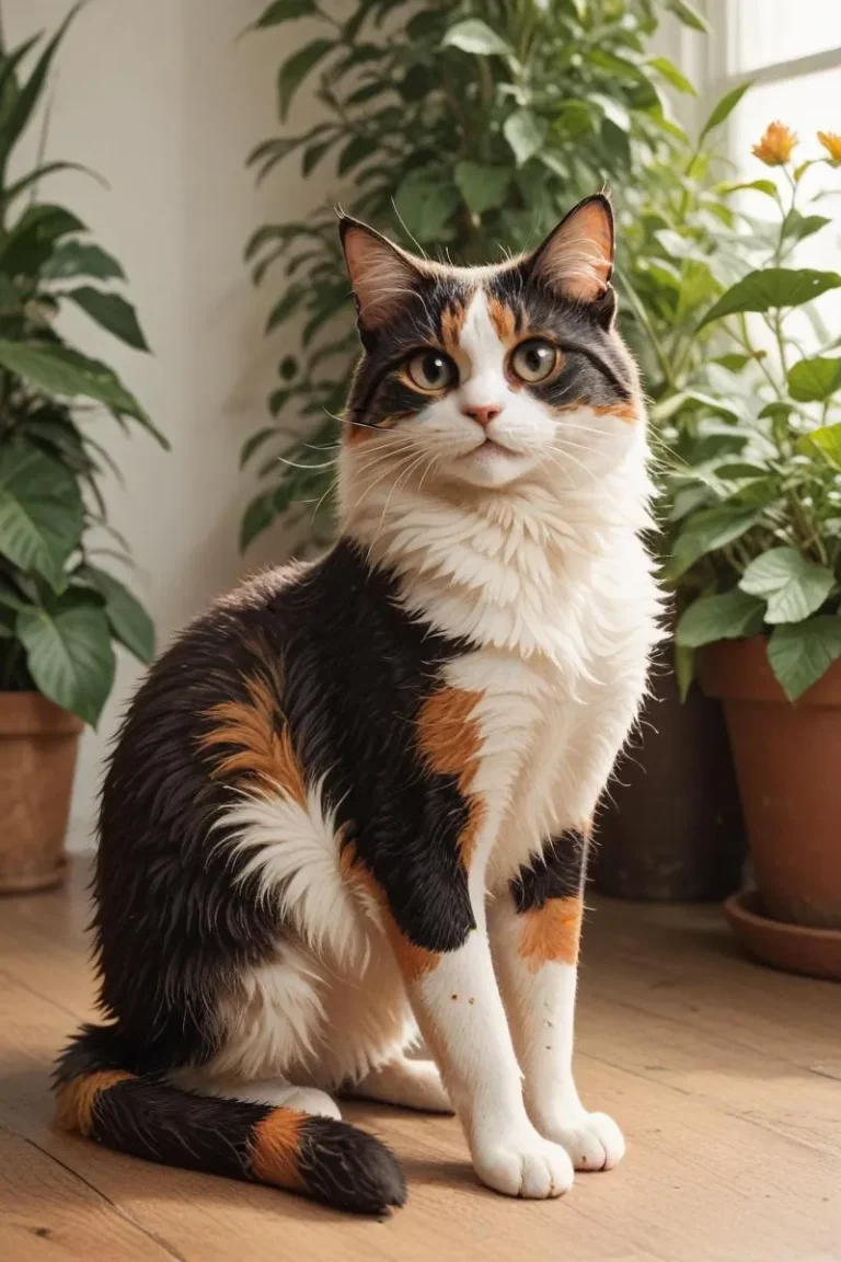 AI generated image of a calico cat sitting indoors surrounded by house plants, created using Stable Diffusion.