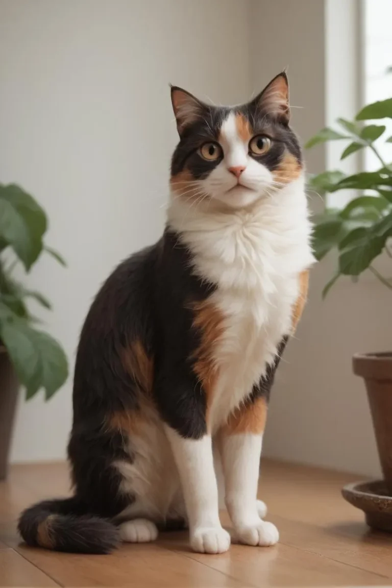 A beautifully realistic AI-generated image of a calico cat with a mix of black, white, and orange fur sitting upright on a wooden floor next to potted plants. The image is created using Stable Diffusion.