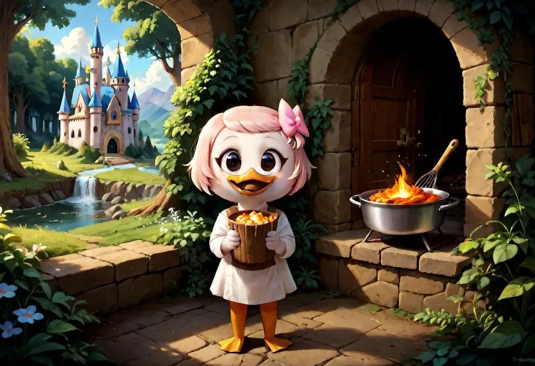 AI generated image using stable diffusion of a cartoon duck character with pink hair holding a bucket of food, standing in front of a rustic castle scene. A boiling pot is beside the character