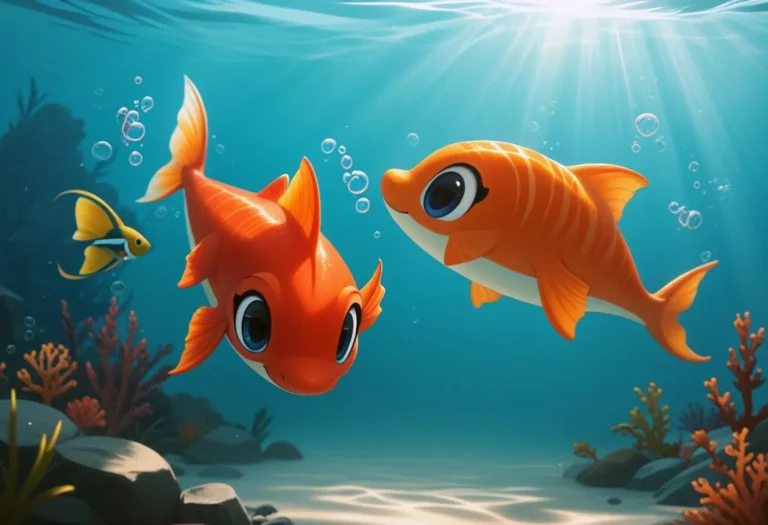 A cute AI generated image using stable diffusion depicting two cartoon fish underwater with vibrant colors and a bright background.