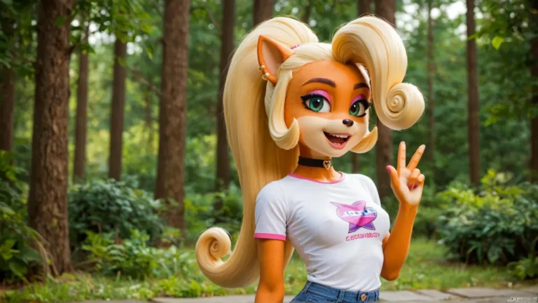 An AI generated image of a cartoon fox character with blonde hair, green eyes, and a white t-shirt, standing in a forest environment with trees in the background.