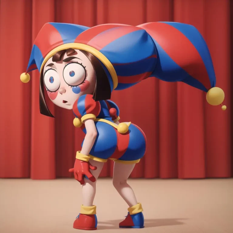 3D render of a cartoon jester with big eyes in a colorful blue and red costume with a jester hat, created using stable diffusion AI model.