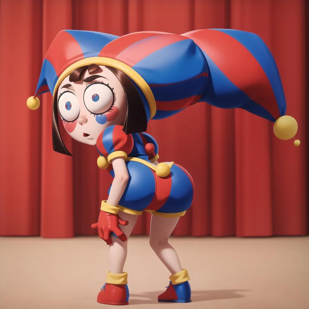 3D render of a cartoon jester with big eyes in a colorful blue and red costume with a jester hat, created using stable diffusion AI model.