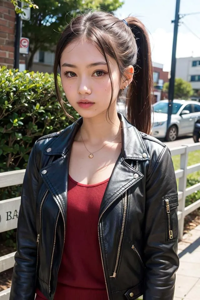 AI generated image using stable diffusion depicting a young woman with long dark hair in a ponytail, wearing a black leather jacket and a red top, standing in an urban setting with greenery and modern buildings in the background.