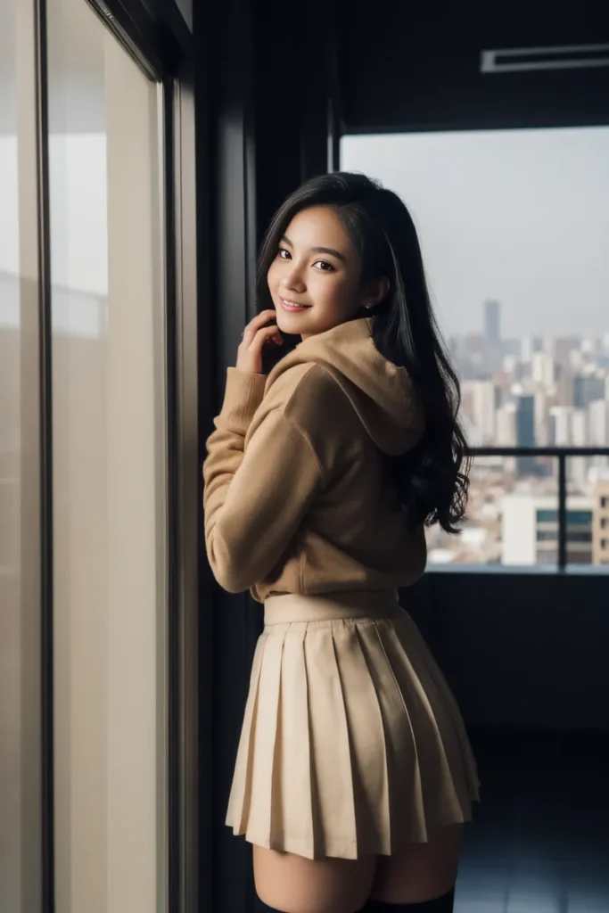 Ai generated image of a woman wearing a brown hoodie and a beige pleated skirt, standing beside a window with a cityscape background. Stable diffusion.