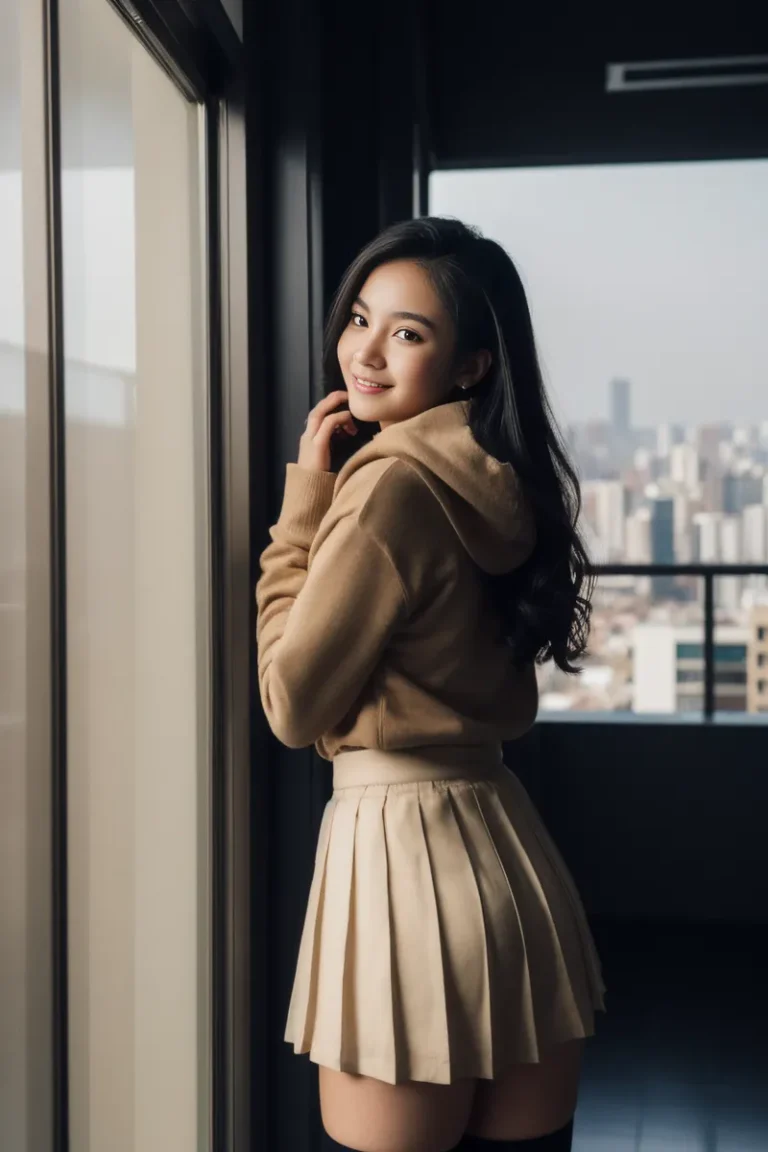 AI generated image of a woman wearing a brown hoodie and a beige pleated skirt, standing beside a window with a cityscape background. Stable Diffusion.