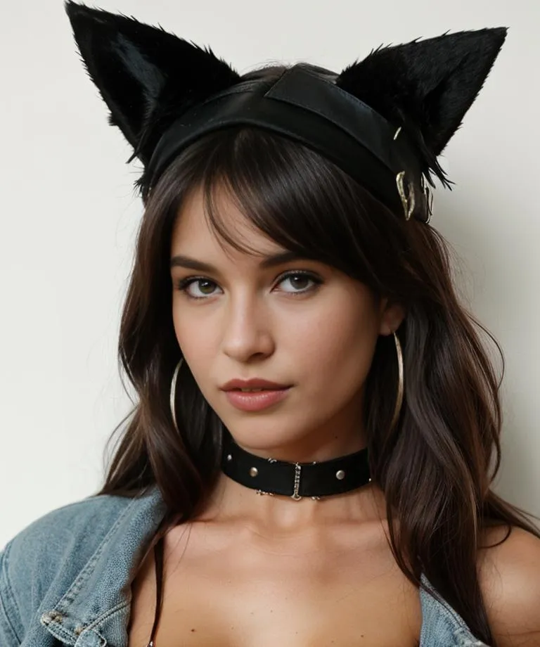 A woman wearing a black cat ears headband and a black choker necklace, styled with medium-length brown hair, large hoop earrings, and a denim jacket.