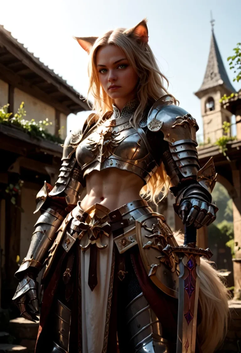 Catgirl knight in elaborate fantasy armor with ears and tail, standing in medieval village. AI generated using Stable Diffusion.