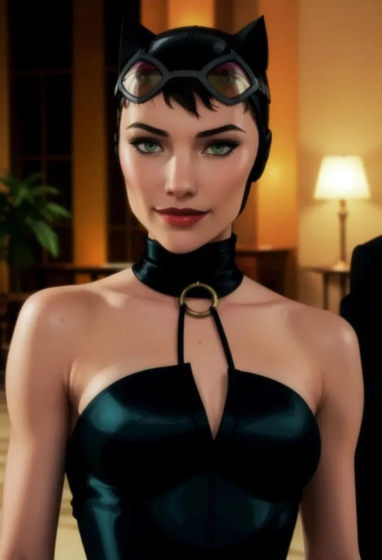 A sexy Catwoman costume cosplay in a dark indoor setting, AI generated using Stable Diffusion.