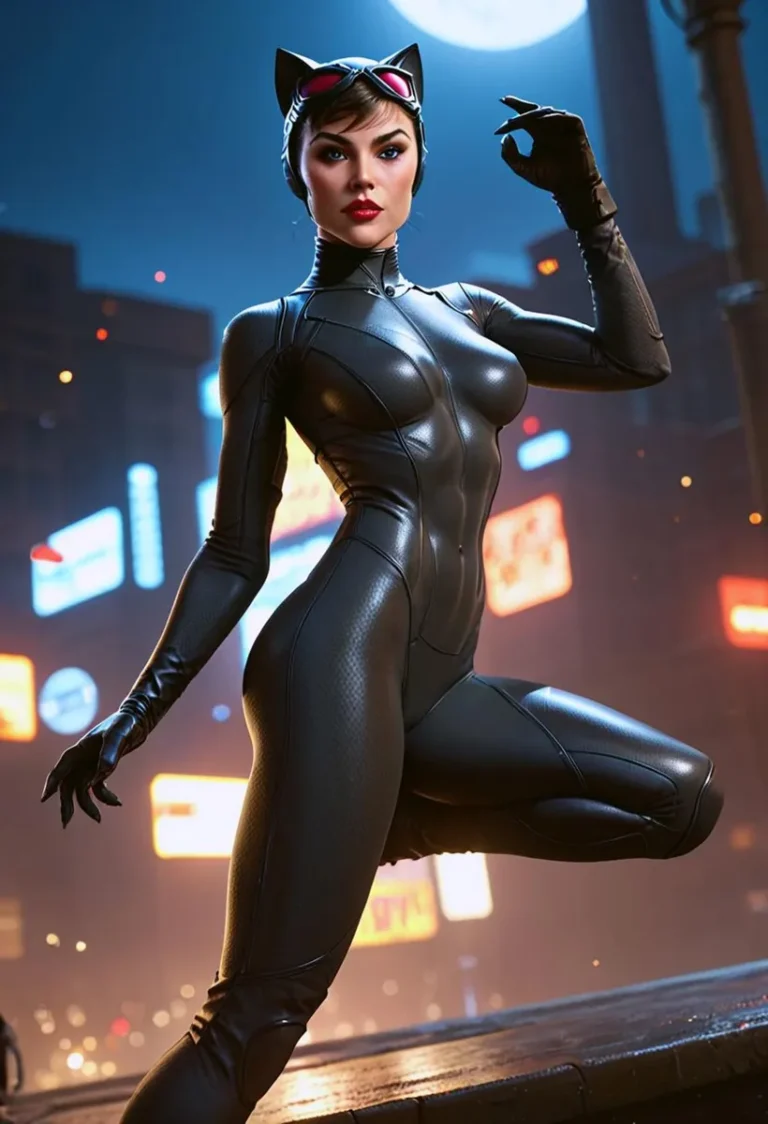 AI generated image of a woman in Catwoman cosplay costume, created using Stable Diffusion.