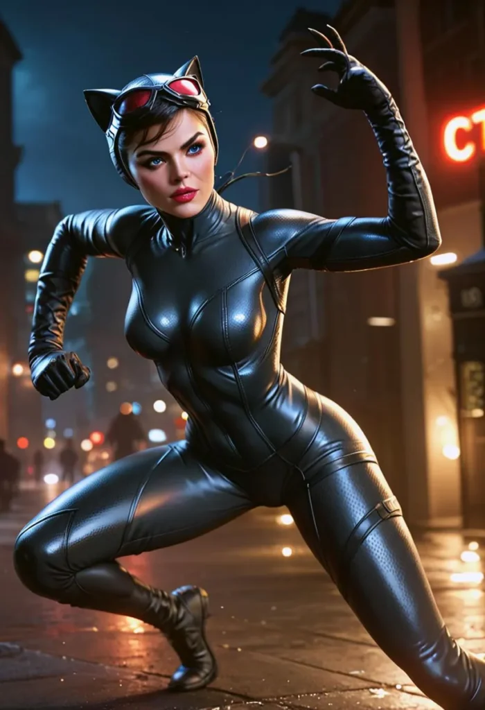 AI-generated image of a woman in a black, form-fitting Catwoman costume, kneeling on one knee and ready for action on a city street at night. The image is created using stable diffusion.