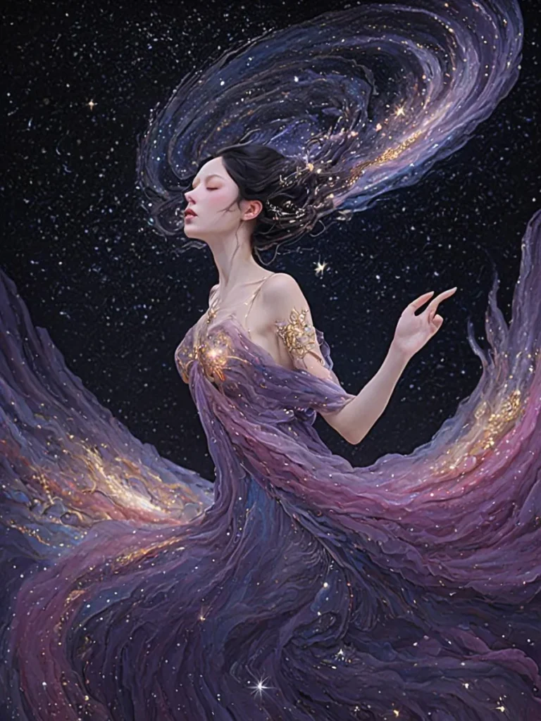 A celestial goddess with flowing black hair, adorned in a violet and gold galactic dress with swirling cosmic elements. The background depicts a starry night sky, created using stable diffusion AI.