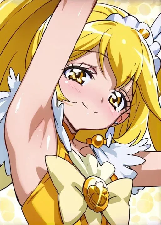 A cheerful anime girl with golden hair tied in a ponytail, wearing a white and gold outfit with a large bow, AI-generated using Stable Diffusion.