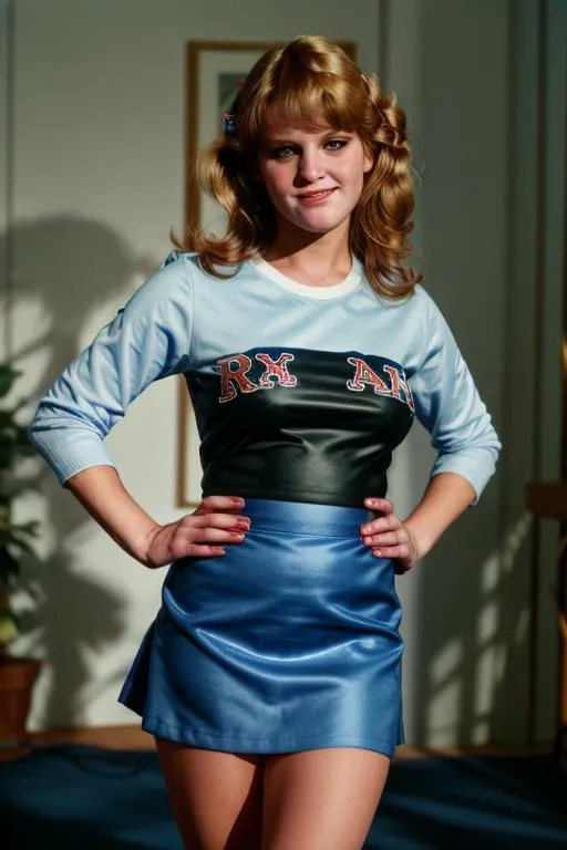 Cheerleader in blue skirt with retro style, created using Stable Diffusion AI.