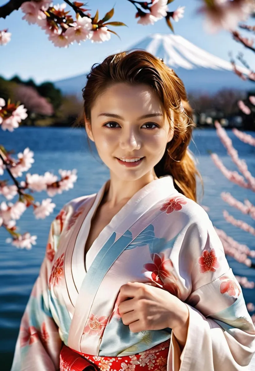 A beautiful woman wearing a traditional Japanese kimono stands among cherry blossom trees with a scenic lake and Mount Fuji in the background. AI generated image using stable diffusion.
