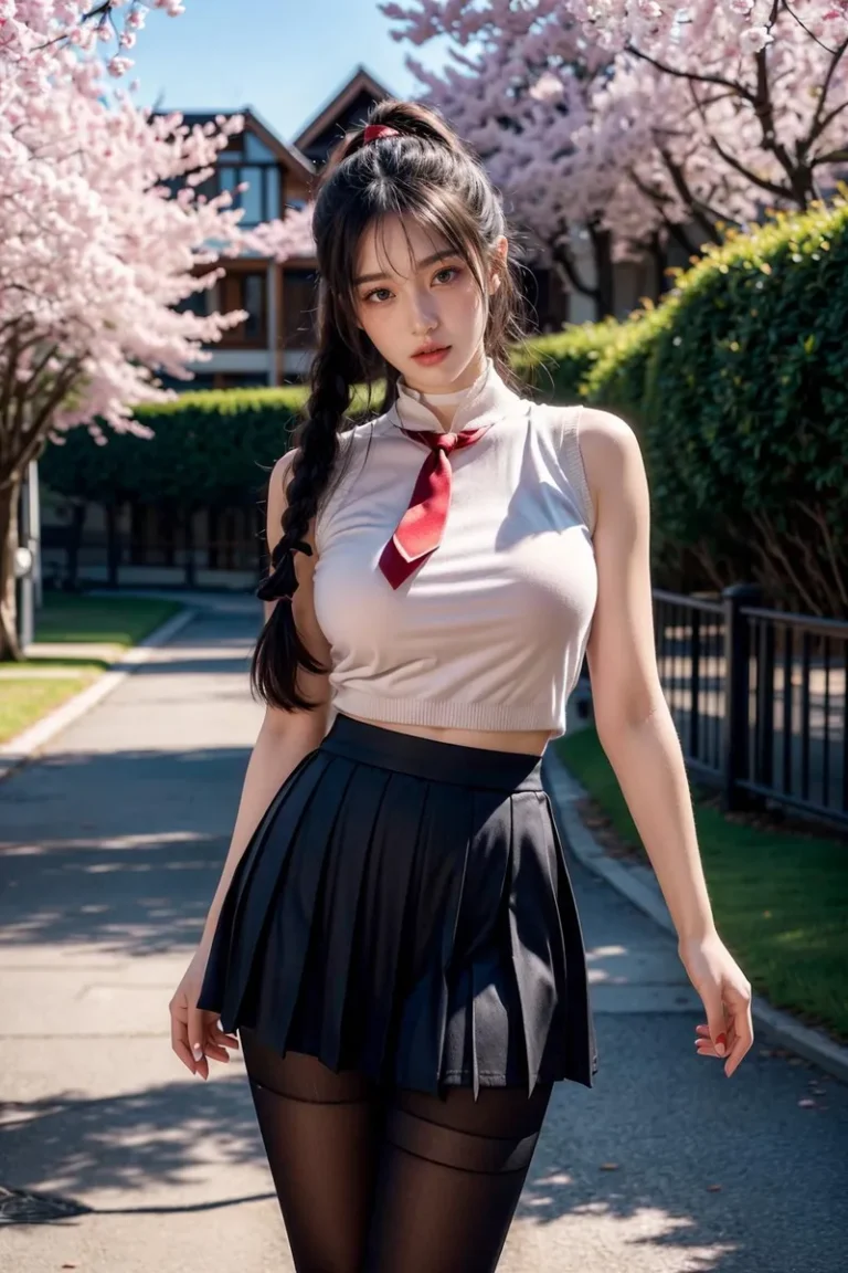 Anime-style school girl with long braid and cherry blossoms in background, AI generated using Stable Diffusion